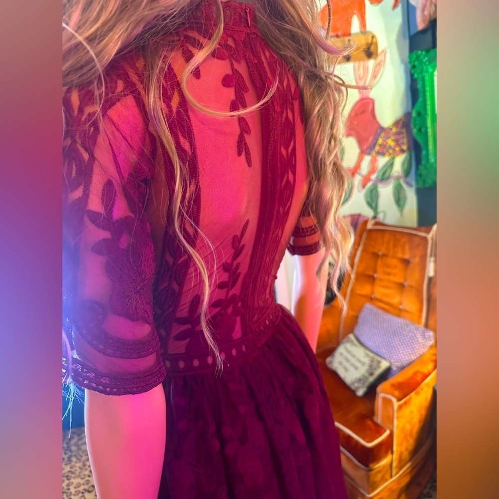Maroon Boho Lace Sheer Dress Sz S - NEW - Picture 5 of 8